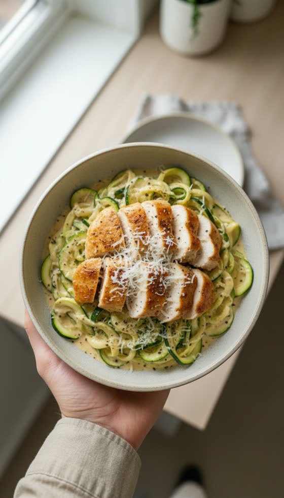 Chicken Alfredo Zucchini Noodles - 62g protein | MacroChef